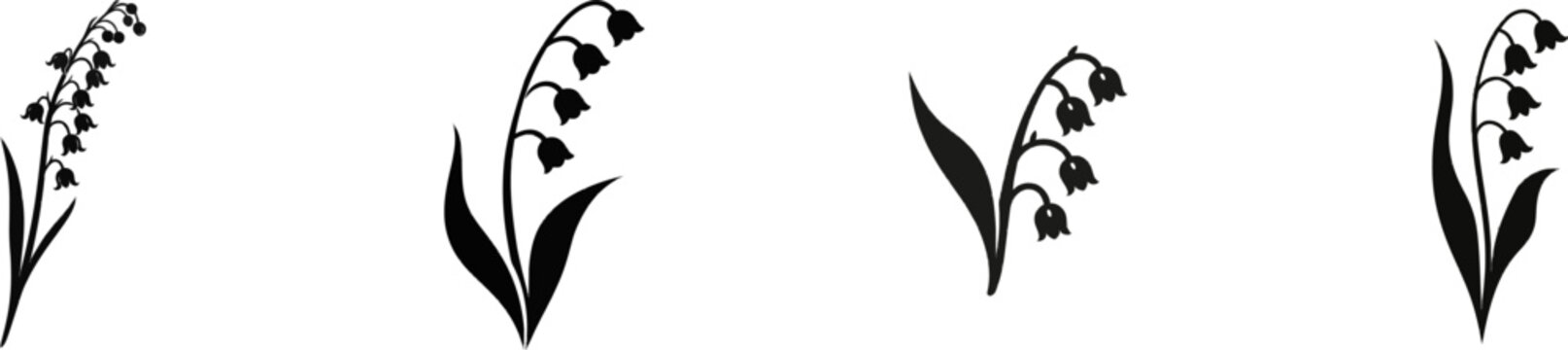 A minimalist black-and-white vector icon of a delicate lily-of-the-valley stem, featuring solid black lines and fills in a modern UI style, isolated on a pure white background
