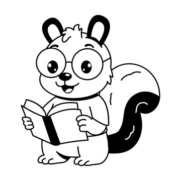A cute squirrel wearing round glasses reads an open purple book, presenting a smart woodland mascot focused on learning in a playful cartoon character style.