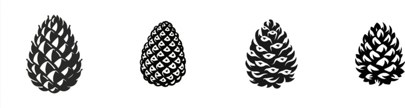 A premium black and white flat vector icon of a detailed pinecone with seeds, solid black lines and fills, modern UI style, exclusive minimalist design, isolated on a pure white background