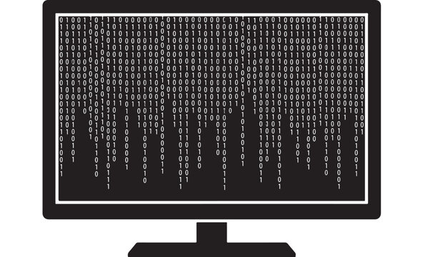 Computer Screen Displaying Binary Code with Digital Data Stream Illustration on Black Background Featuring Technology, Vector