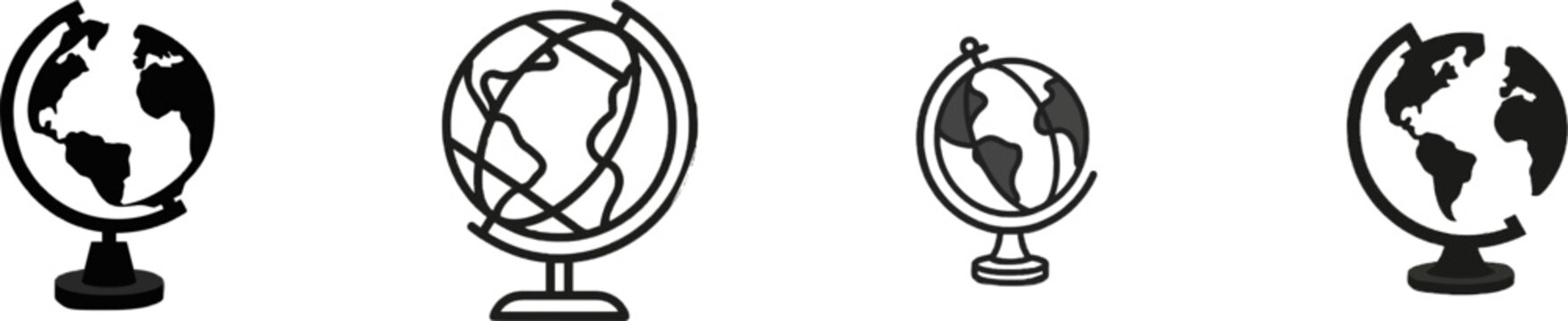 A premium black-and-white flat vector icon of a desktop school globe features solid black lines and fills in a modern UI style, showcasing an exclusive minimalist design against a pure white