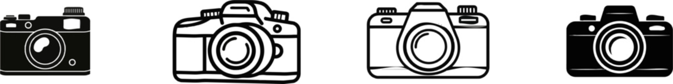 A sleek, premium black-and-white flat vector icon of a digital camera features solid black lines and fills, exuding modern UI elegance with an exclusive minimalist design, isolated on a pristine