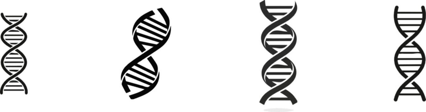A premium black and white flat vector icon of a DNA double helix model, solid black lines and fills, modern UI style, exclusive minimalist design, isolated on a pure white background