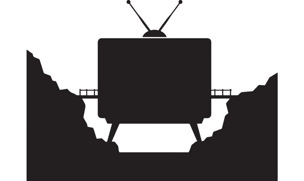 Television with Antenna on Top and Rectangular Base, Black and White Vector Illustration Featuring Electronic, Device, Retro