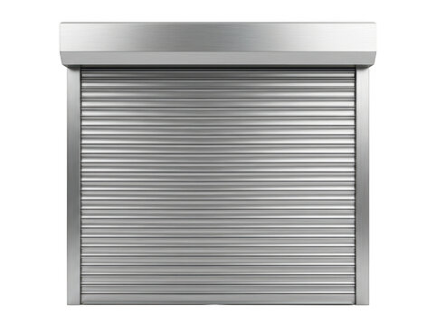 Closed metal roller shutter door for industrial warehouse or commercial shop front security.