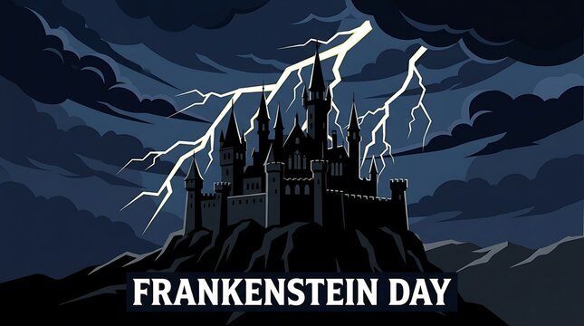 Gothic castle silhouette with lightning bolts, minimal Frankenstein Day text, clean flat vector design