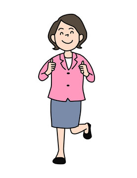 仕事の成功や高評価に喜び片足を上げていいねポーズをする若いビジネスウーマンの全身イラスト