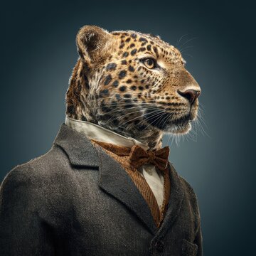 Elegant anthropomorphic depiction of a jaguar dressed in vintage formal attire including a suit, bow tie, and dress shirt, human-like presentation