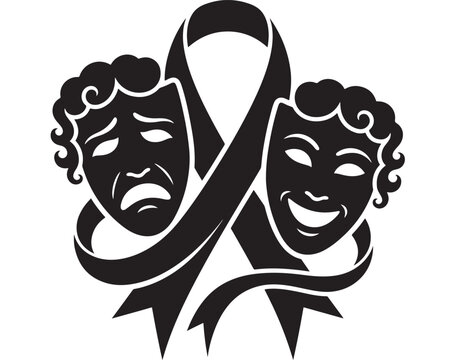 Theatrical Masks Symbolizing Comedy and Tragedy in Black and White Line Art Style Featuring Symbol, Illustration, Vector