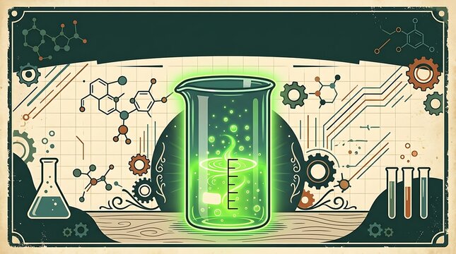 Laboratory beaker with glowing green liquid, minimal text, clean vector banner, vintage science theme