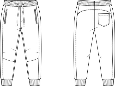 Men athletic jogger sweatpants flat sketch vector template for fashion design tech pack