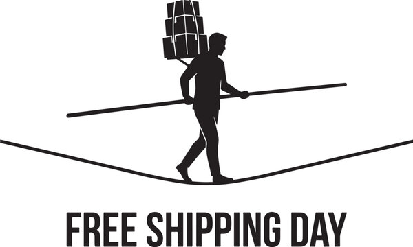 Person Carrying Packages on Tightrope for Free Shipping Day Promotional Concept Illustration Featuring Delivery, Logistics