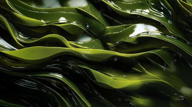 Close up macro texture of wet glossy green kelp seaweed fronds