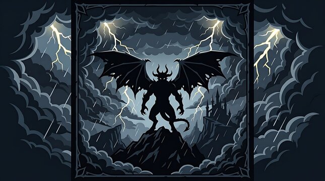 Gothic motif, clean, flat vector style, minimal text, and a monster silhouette surrounded by dramatic thunderclouds