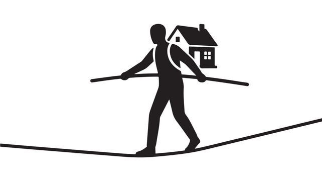 Person Carrying House on Shoulders Walking on Tightrope Illustration Featuring Balance, Risk, Challenge with Home and Silhouette