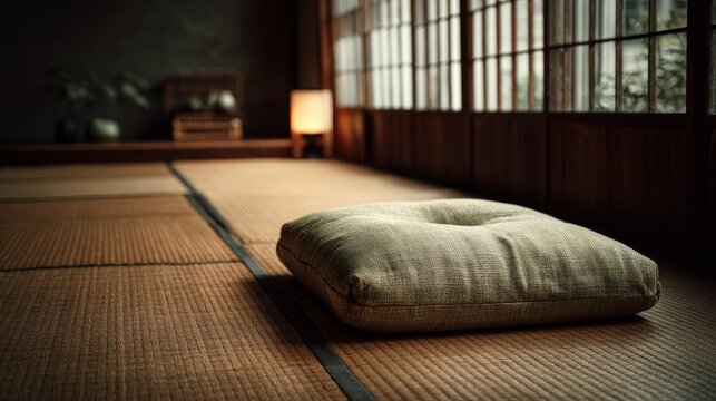 Traditional Japanese zabuton floor cushion on tatami mat room interior