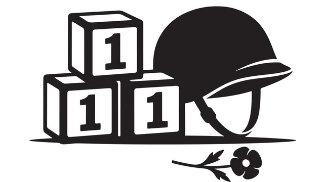 Military Helmet with Blocks and Poppy Flower Illustration Symbolizing Remembrance and Peace Featuring War, Soldier, Veteran