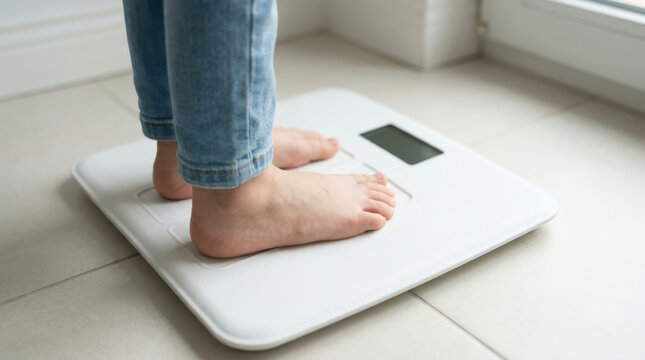 Child standing barefoot on white digital scale in a bright home interior room