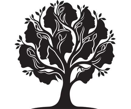 Tree with Human Faces Forming Branches Symbolizing Family Unity and Connection in Black and White Illustration