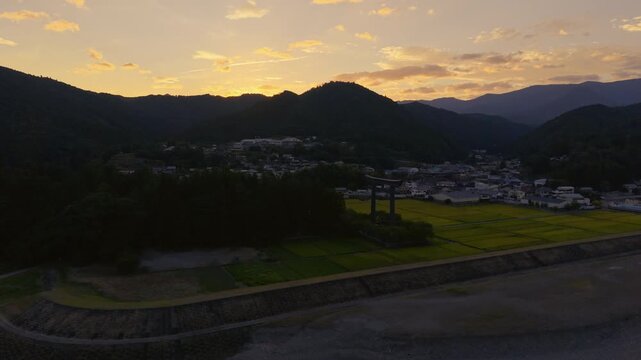Sunset Aerial Drone Shot of Hongu-cho, Kumano Kodo Pilgrimage Route, Wakayama, Japan　熊野古道 中辺路「本宮町の夕景」和歌山県田辺市