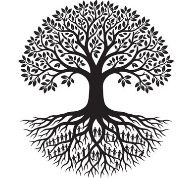 Tree with Interconnected Human Figures Representing Family or Community Roots and Unity in Black and White Illustration