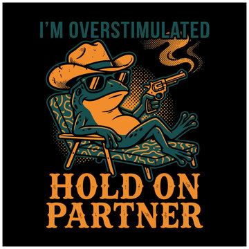 Retro cowboy frog vector illustration in sunglasses lounging on a chair holding a smoking revolver with western typography, concept for humor streetwear apparel, funny meme posters and merchandise