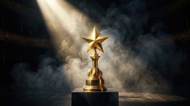 Golden Star Trophy Under Spotlight: A prestigious golden star trophy stands illuminated by a dramatic spotlight, casting a powerful glow amidst swirling theatrical smoke.