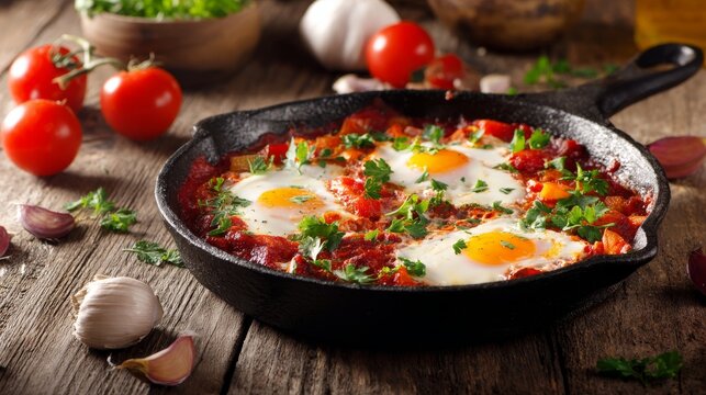 Traditional homemade shakshuka poached eggs in tomato sauce cast iron skillet