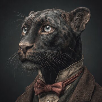 Elegant black panther dressed in vintage suit with bowtie against dark background