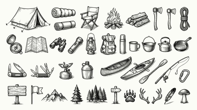 Collection of hand-drawn black and white doodle icons representing various outdoor adventure and camping equipment