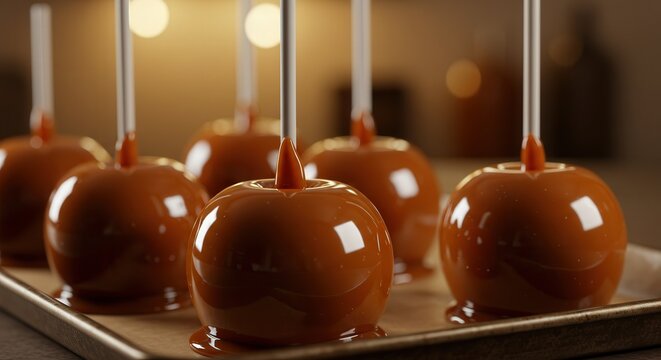 Fresh gourmet caramel apples on sticks arranged neatly on a baking sheet in a cozy kitchen setting