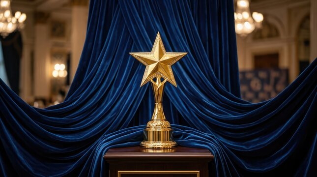 Golden Star Award on Velvet Drape: A prestigious golden star trophy stands as a symbol of excellence, presented on a polished pedestal against a rich, deep blue velvet backdrop.