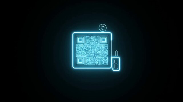 Futuristic blue neon QR code animation, glowing digital barcode scanning icon, high-tech cyber security data visualization on black background
