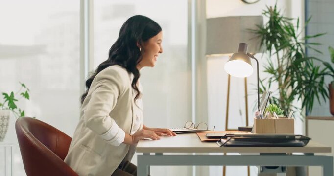 Success, woman and excited on laptop at agency for ad performance, campaign celebration and bonus. Happy, employee and tech with fist pump for pitch approval, marketing incentive and salary increase