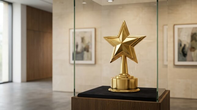 Golden Star Trophy in Museum Display: A gleaming golden star trophy, symbolizing excellence and achievement, is showcased within a pristine glass display case in a modern museum setting.