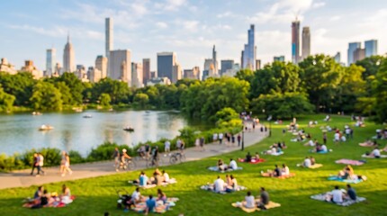 Naklejka premium Scenic view of Central Park with lake and people on lawn under bright sky with blurred city skyline and lush green trees during summer afternoon for travel photography concept
