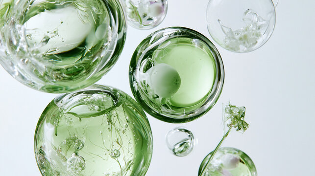 Green liquid cosmetic spheres with plant extracts floating