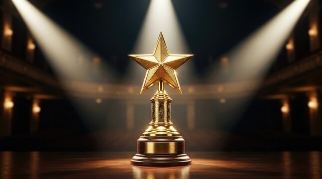 Golden Star Award: A gleaming golden star trophy stands proudly on a stage, illuminated by dramatic spotlights, symbolizing achievement and recognition.