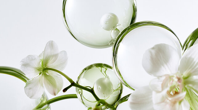 White orchids creating organic abstract composition with glass bubbles
