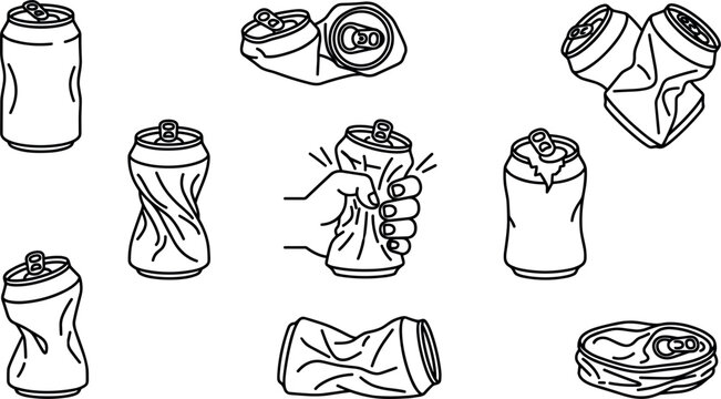 Drink cans line art icon set hand crushing squished and flattened aluminum soda cans vector illustration