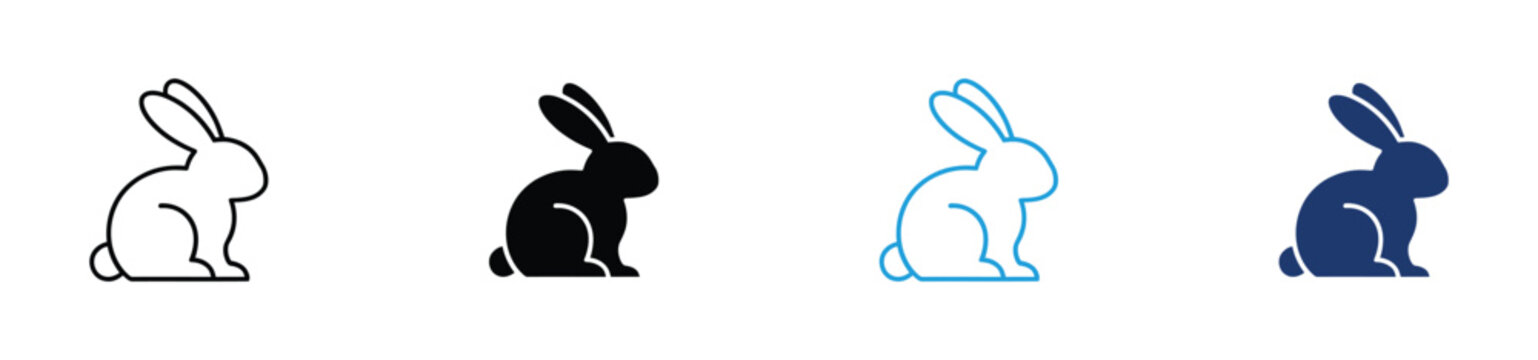 Rabbit Animal Icon Set. Bunny Wildlife Easter Symbols. Outline Glyph Colored Line Fill Style. Vector Illustration