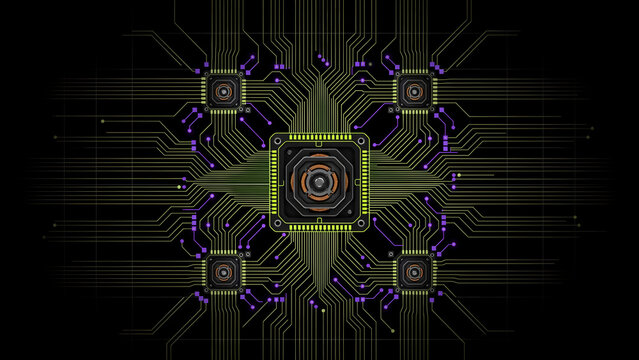 Ultra-clean micro-circuit board schematic with glowing electric lime traces on black background