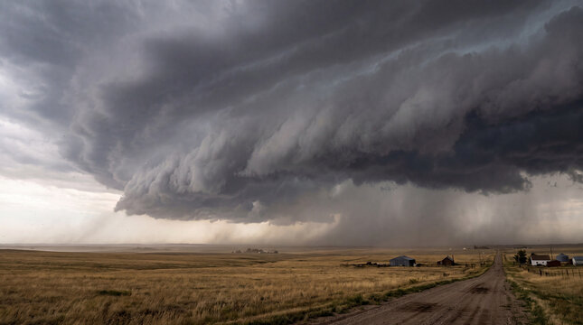 Majestic supercell thunderstorm with a massive, dark shelf cloud looming over a vast, flat prairie landscape.