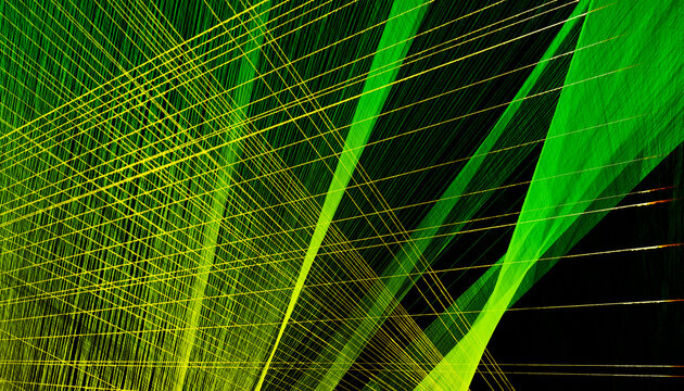 Abstract digital art with intersecting green and yellow lines on black