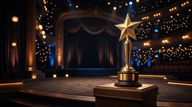 Golden Star Award on Stage: A prestigious golden star trophy gleams on a podium center stage, illuminated by warm spotlights and a backdrop of twinkling bokeh lights.
