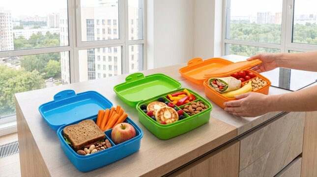 Three vibrant bento lunch boxes are meticulously filled with diverse, healthy meals. This promotes organized eating habits and sustainable meal preparation for a modern lifestyle.