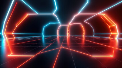 Fototapeta premium Neon lines form abstract tunnel. Blue, red illumination creates futuristic digital space. Grid floor reflects light, adding depth.