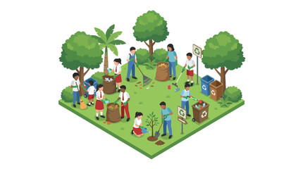 Fototapeta premium Isometric community cleanup and tree planting activity.
