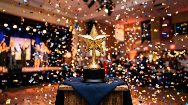 Golden Star Award Ceremony: A golden star trophy stands proudly on a podium amidst a shower of confetti and glittering lights, symbolizing achievement and recognition at a grand event.