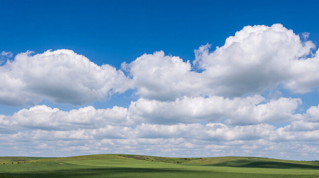 Idyllic photograph of lush green rolling hills beneath a vibrant blue sky filled with fluffy white cumulus clouds on.